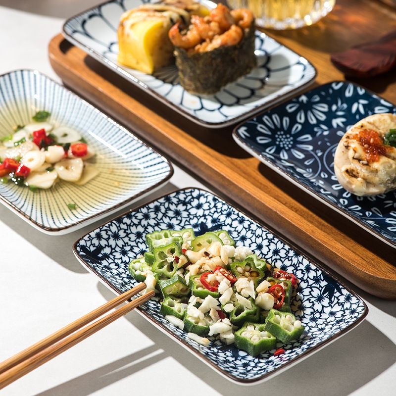 Assiette rectangulaire en céramique de style japonais, ensemble de quatre assiettes, vaisselle ménagère sous glaçure, assiette à sushi créative, assiette à dessert, assiette à collation_voghion.com