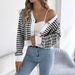 Women's Clothing Contrast Striped Lantern Striped Batwing Sleeve Cardigan Sweater - Short Length V-Neck Fall/Winter Knit Top (Khaki, Burgundy, Black)_voghion.com