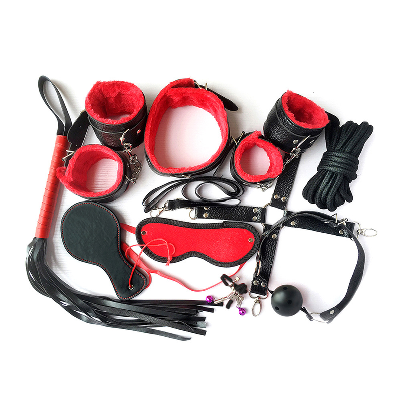 SM10 ten-piece set, black and red leather racket style, bondage, handcuffs and shackles set_voghion.com