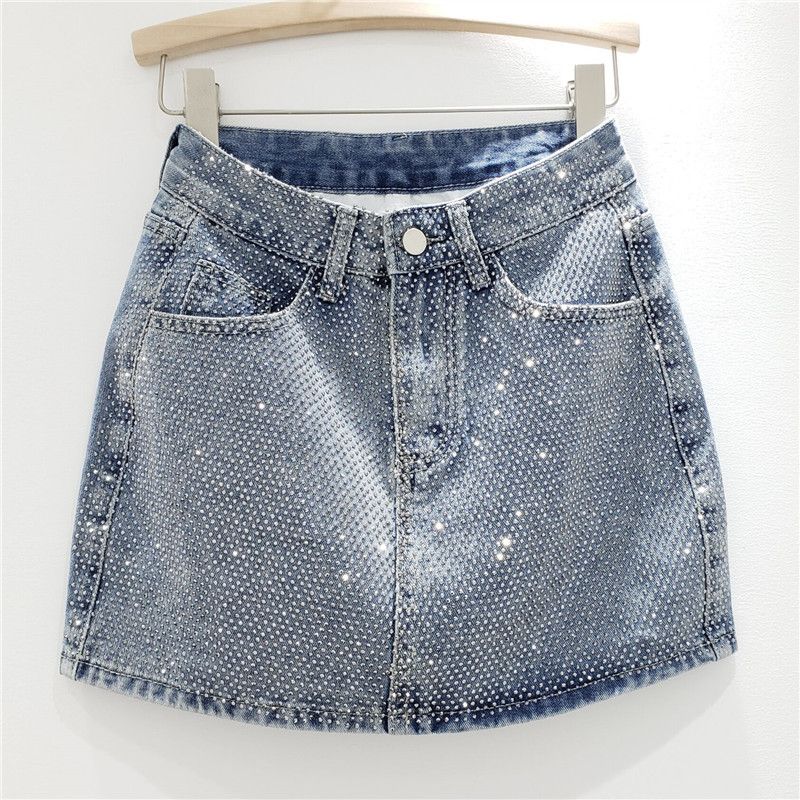 Women's Clothing Summer New Heavy Duty Hot Diamond Denim Skirt Women's Fashionable High Waist Slim A Line Hip Skirt_voghion.com