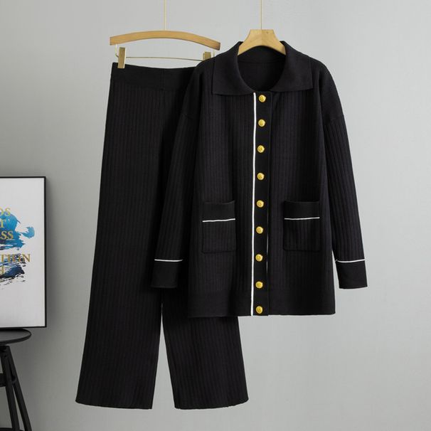 Damenbekleidung, gestrickt, lässig, zweiteilig, für Damen im Herbst und Winter, mittellanger, langärmeliger Pullover und Hosenanzug_voghion.com