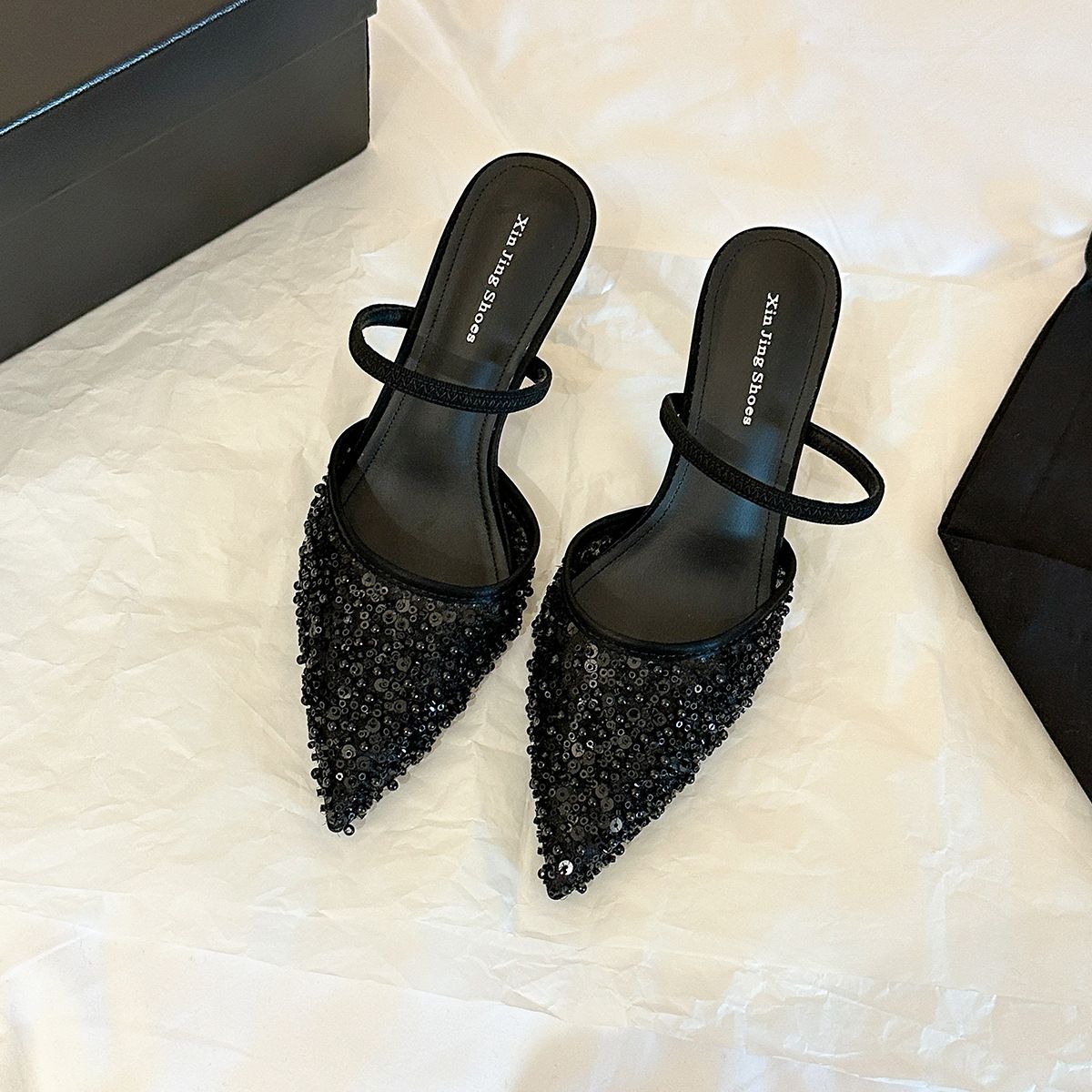 699-205 Black Sequin Evening Style High For Women Pointed Toe Shallow Mouth One Strap Single Shoes Fashionable Elegant_voghion.com