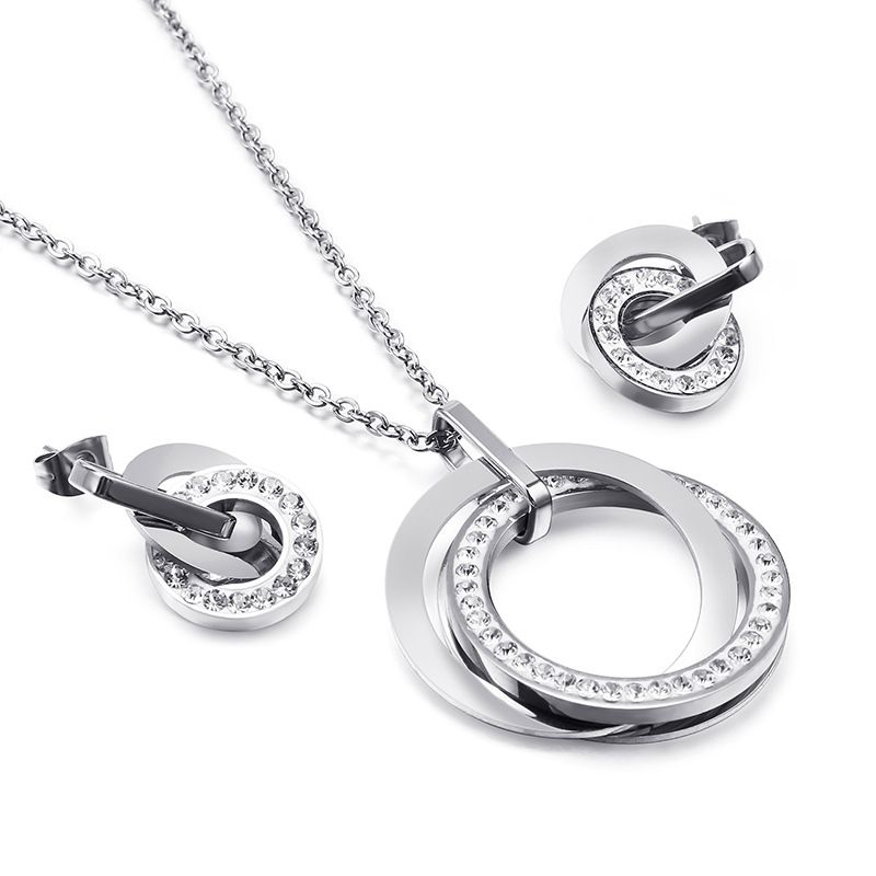 Damen Schmuckset Edelstahlschmuck Doppelring Ineinandergreifender Diamantschmuck_voghion.com