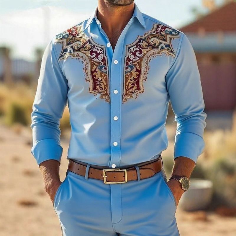 Men's Fashion Shirt American Western Style Loose Printing Business Casual Long Sleeved Shirt Men_voghion.com