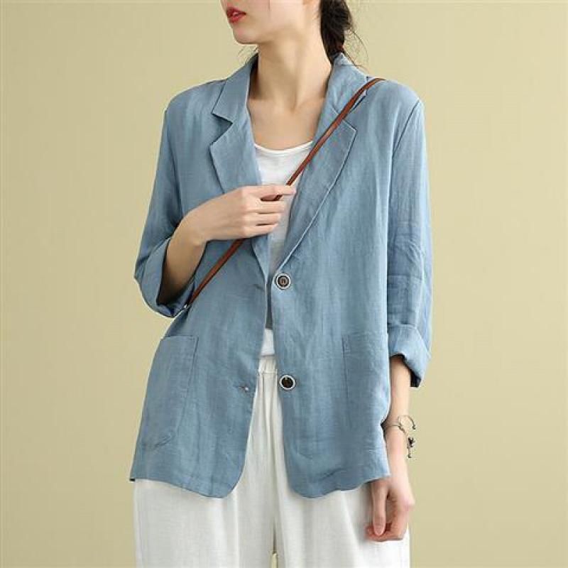 Mini-costume ample en coton pour femme, haut en lin, polyvalent, manches longues, style décontracté, printemps et été_voghion.com