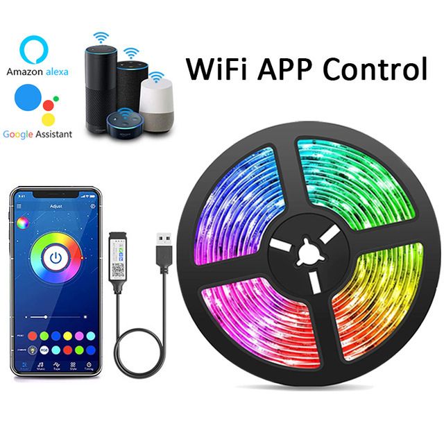 Striscia LED RGB USB 5V con sincronizzazione musicale WiFi e Bluetooth, striscia luminosa intelligente SMD 5050 per l'intrattenimento domestico, compatibile con il controllo vocale_voghion.com