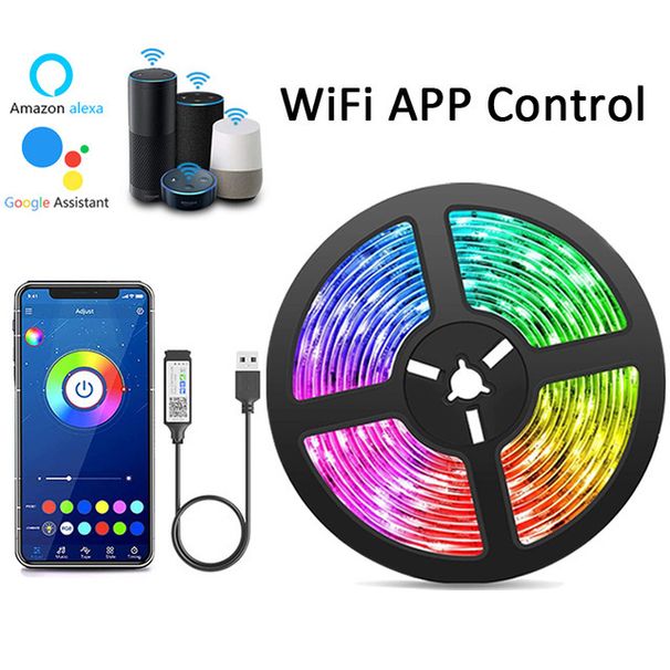 Striscia LED RGB USB 5V con sincronizzazione musicale WiFi e Bluetooth, striscia luminosa intelligente SMD 5050 per l'intrattenimento domestico, compatibile con il controllo vocale_voghion.com