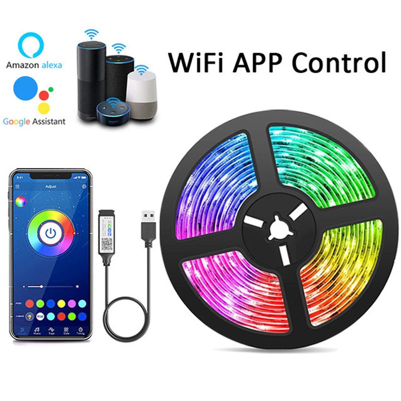 Striscia LED RGB USB 5V con sincronizzazione musicale WiFi e Bluetooth, striscia luminosa intelligente SMD 5050 per l'intrattenimento domestico, compatibile con il controllo vocale_voghion.com