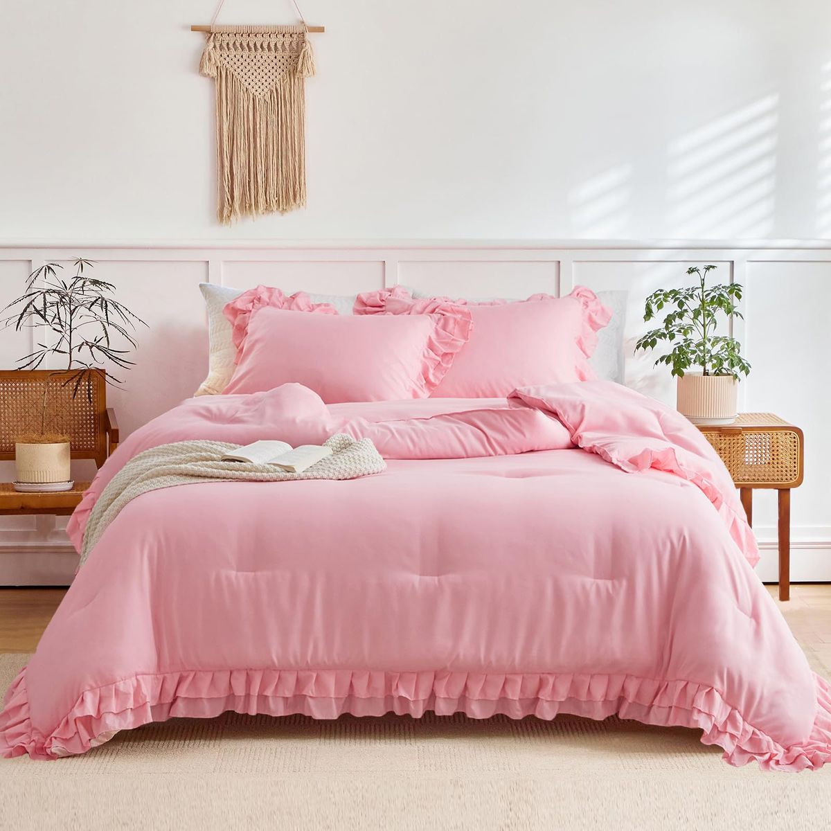 Set di biancheria da letto rosa con pizzo - Piumino trapuntato in soffice poliestere con copripiumino e federe - Morbido ed elegante_voghion.com