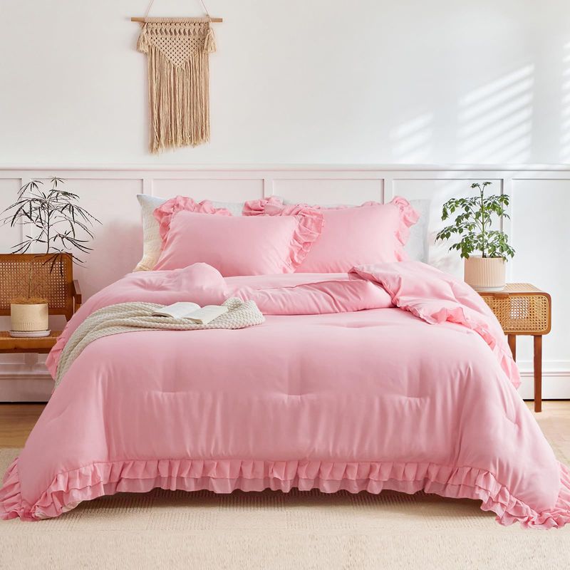 Parure de lit rose unie avec bordure en dentelle - Couette matelassée en polyester moelleux avec housse de couette et taies d'oreiller - Douce et élégante_voghion.com