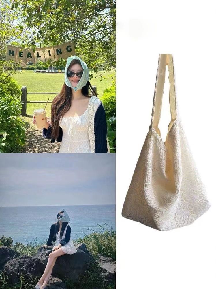 Zhao Lusi's Same Single Shoulder Countryside Style Summer Fairy Beauty Lace Edge Large Capacity Commuter Tote Bag for_voghion.com