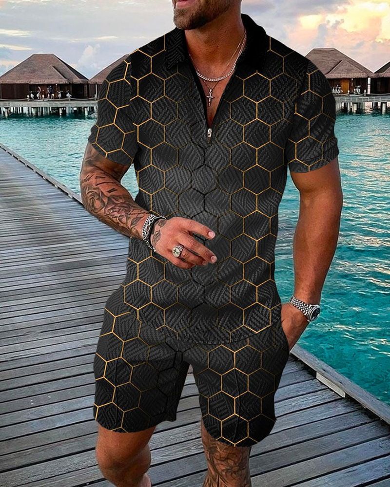 Herrenmode Casual Anzug 3D Digitaldruck Reißverschluss Kurzarm Herren Shorts_voghion.com