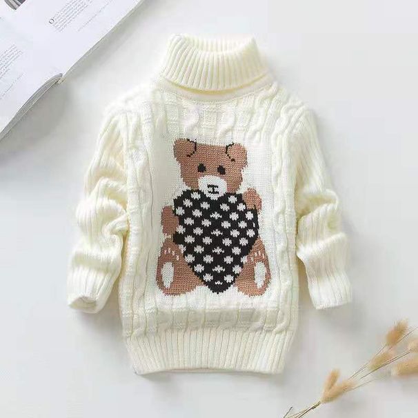 Pull en tricot doux et confortable à col montant pour enfants avec un joli motif ours - Pull unisexe pour garçons et filles (3-8 ans, 100-140 cm) - Indispensable pour l'hiver et le printemps_voghion.com