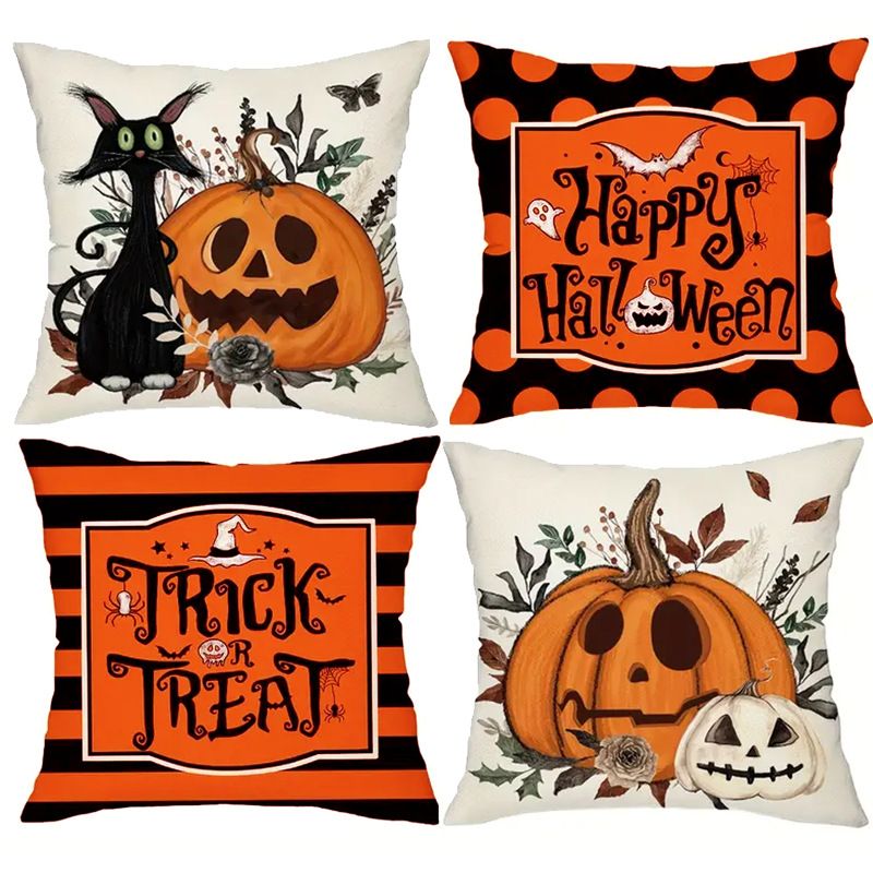 Cross-border Hot Selling Halloween Horror Pumpkin Cat Pattern Printed Linen Home Holiday Living Room Sofa Pillow_voghion.com