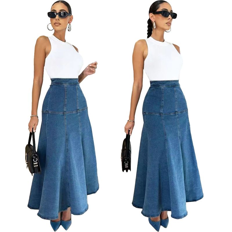 Ropa de mujer Falda vaquera lavada de mujer con vuelo amplio_voghion.com