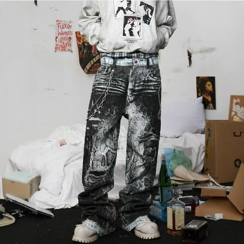 Vêtements pour hommes American Street High Street rétro motif serpent imprimé numérique Jeans hommes et femmes printemps et automne personnalité tendance_voghion.com