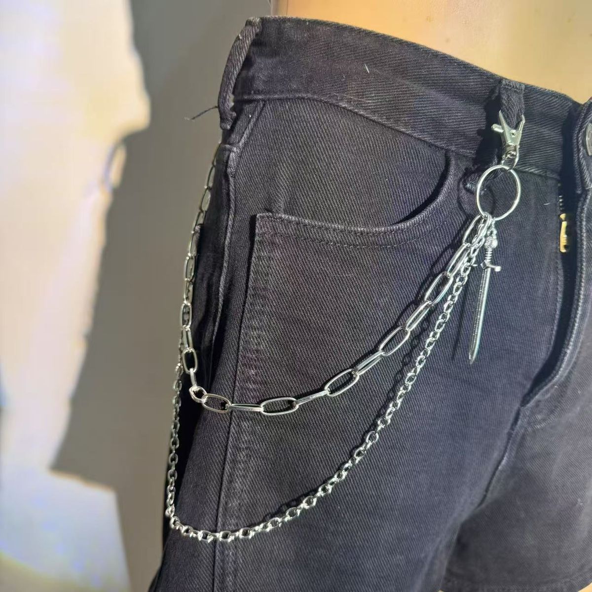 Fashion Men's Metal Double Layer Sword Pants Trend Hip Hop Punk Style Thin Waist Jeans Hanging Chain_voghion.com