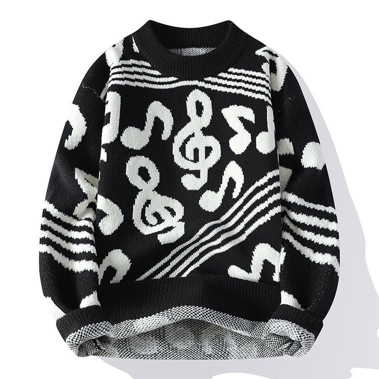 Herrenpullover, locker gestrickt, mit Jacquard-Stickerei und Musikmotiven – Kuscheliger Winterpullover für Damen und Herren_voghion.com