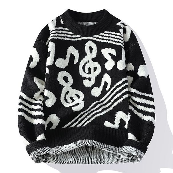 Herrenpullover, locker gestrickt, mit Jacquard-Stickerei und Musikmotiven – Kuscheliger Winterpullover für Damen und Herren_voghion.com