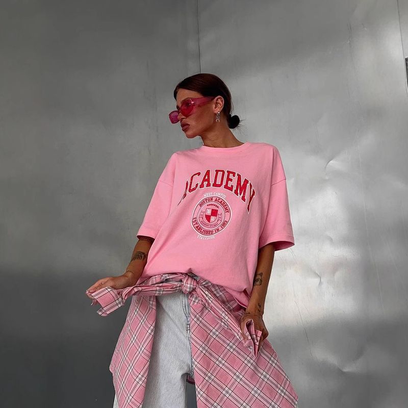 Women's Clothing Spring And Summer Letter Drop Shoulder Print T Shirt Oversize Dopamine Color Short Sleeved Top_voghion.com