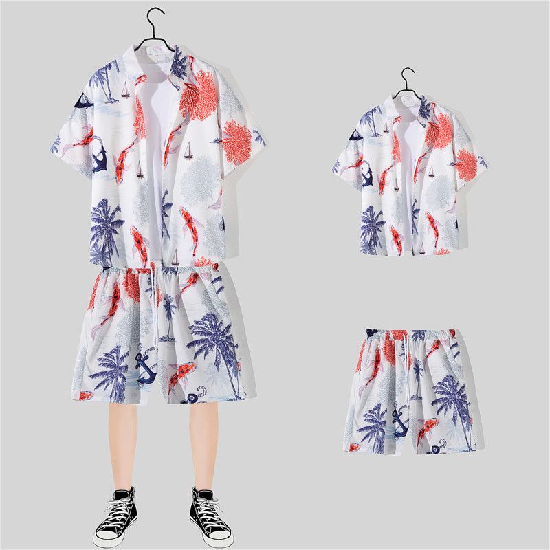 Costume de vacances à la plage pour hommes, hawaïen, ample, grande taille, pour couple, tendance, manches courtes, chemise florale, ensemble deux pièces décontracté_voghion.com