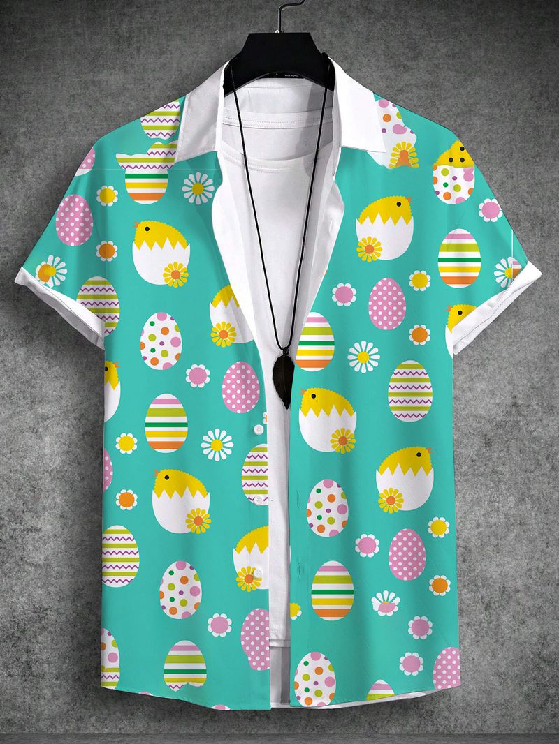 Sommer Hawaiihemd Unisex Kaninchen Ei Frohe Ostern Turndown Street Outdoor Kurzarm Button-Down Print Herrenbekleidung_voghion.com