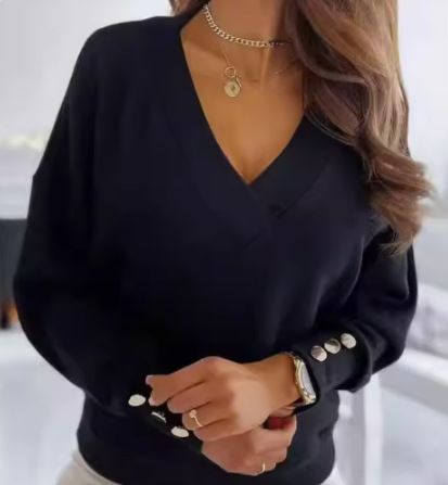 V-Neck Long Sleeve Knit Sweater – Casual Button Cuff Pullover For Women_voghion.com