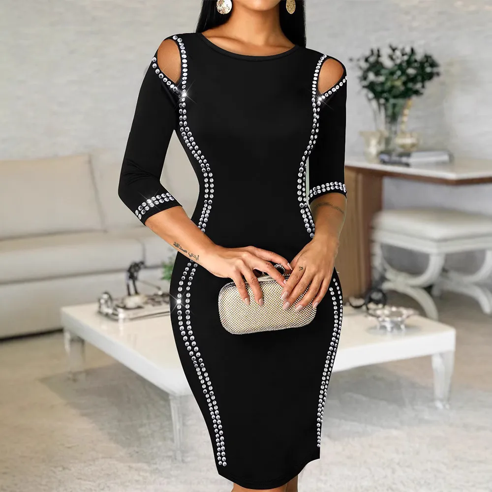 Women's Off-Shoulder Glitter Dress With Puff Sleeves – Sexy Short Dress For Party, Night Out & Date (Black Printed Polyester)_voghion.com