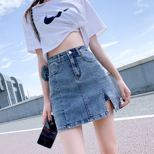 Elastic split denim short for women in summer, ins thin, small, anti glare, buttocks wrapped, A-line half length skirt_voghion.com