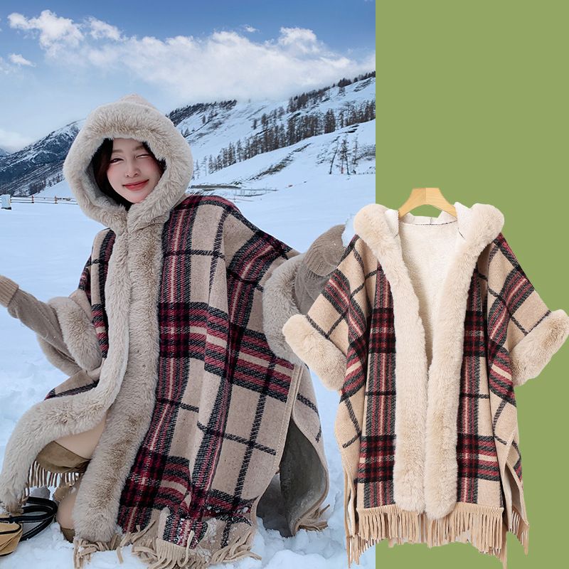 Tassel Wool Plaid Shawl Coat Fox Rabbit Hair Collar Hooded Women's Cloak Coat 2025 Fall And Winter New_voghion.com