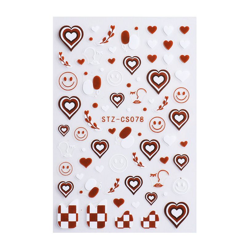 Autocollants pour ongles en forme de cœur et de fleur à tirer au café, visage abstrait marron, sourire, feuille, damier, curseur, pointes françaises, manucure 3D NLSTZ-CS078_voghion.com