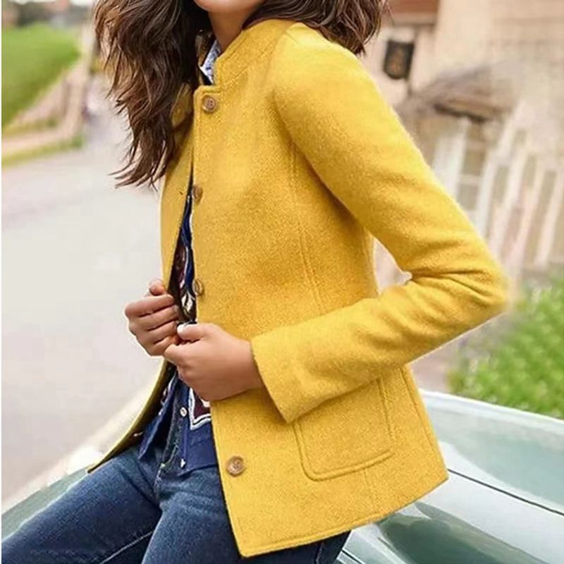 Women's Clothing solid color wool stand collar simple long sleeved button short coat_voghion.com