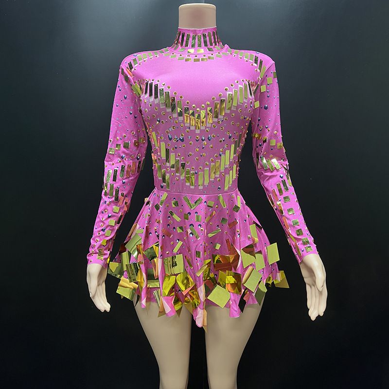 Damkläder Glänsande paljetter Diamond Outing Party Elegant Slim Fit Långärmad Kort kjol Miniklänning_voghion.com