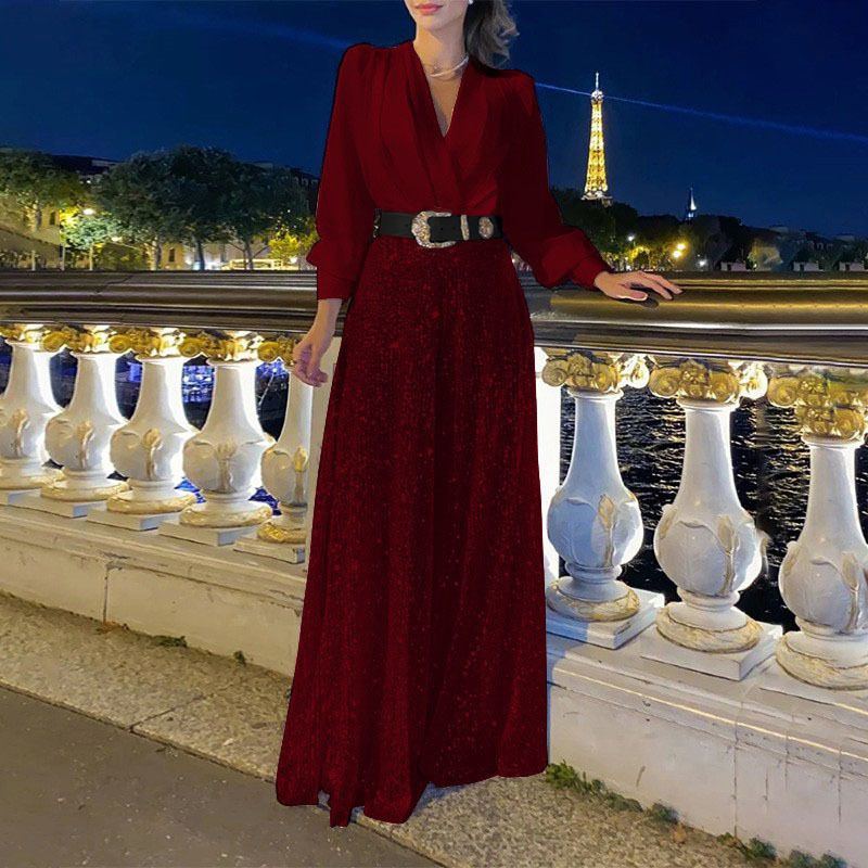 Women's Clothing New Fashionable V Neck Long Sleeved Shirt, Elegant, Waist Slimming, Slimming Sequined Wide Leg Pants With Belt_voghion.com
