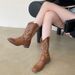 He Sui Style Chunky Heel Versatile Western Cowboy V Mouth Embroidered Pull-On Riding Mid-Calf Square Toe Horse Boots_voghion.com