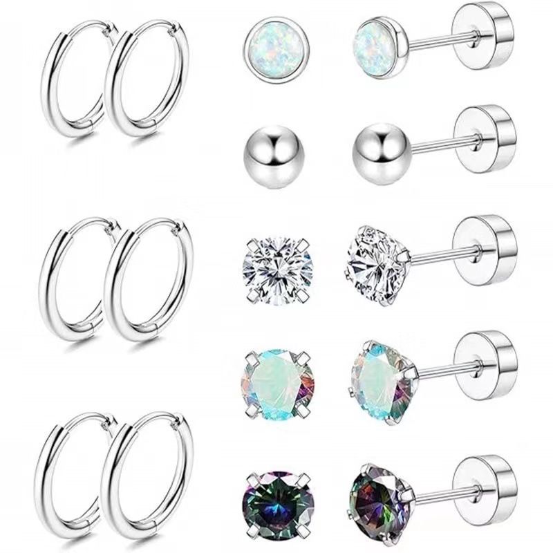 Edelstahl Runde Zirkon Ohrring Set Mode Schmuck_voghion.com