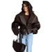Jaqueta curta de couro sintético com cinto para mulheres - Casaco curto elegante com lapela para primavera e outono (marrom, P/M/G)_voghion.com