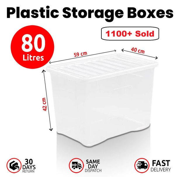 80L Wham Clear Plastic Storage Boxes With Lids Home Office Kitchen Stackable_voghion.com