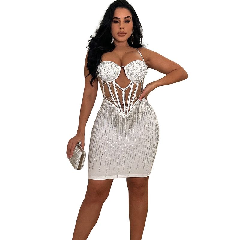 Einfarbiges Damen-Mesh-Strasskleid mit Hosenträgern, Neujahrsabendkleid_voghion.com