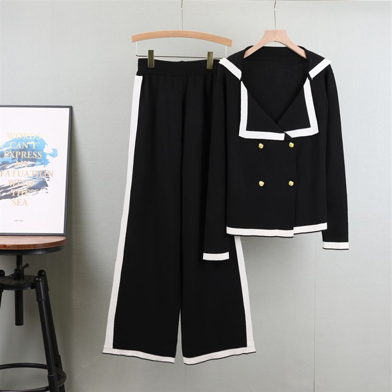Abbigliamento da donna Nuovo stile autunnale, cardigan lavorato a maglia con risvolto a maniche lunghe, completo da donna, pantaloni a gamba larga, due pezzi_voghion.com