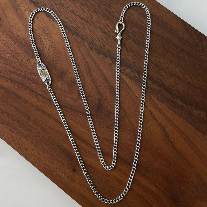 Collana etnica in argento puro con targhetta quadrata Zakiram, pesante, unisex, a catena singola cubana laterale_voghion.com