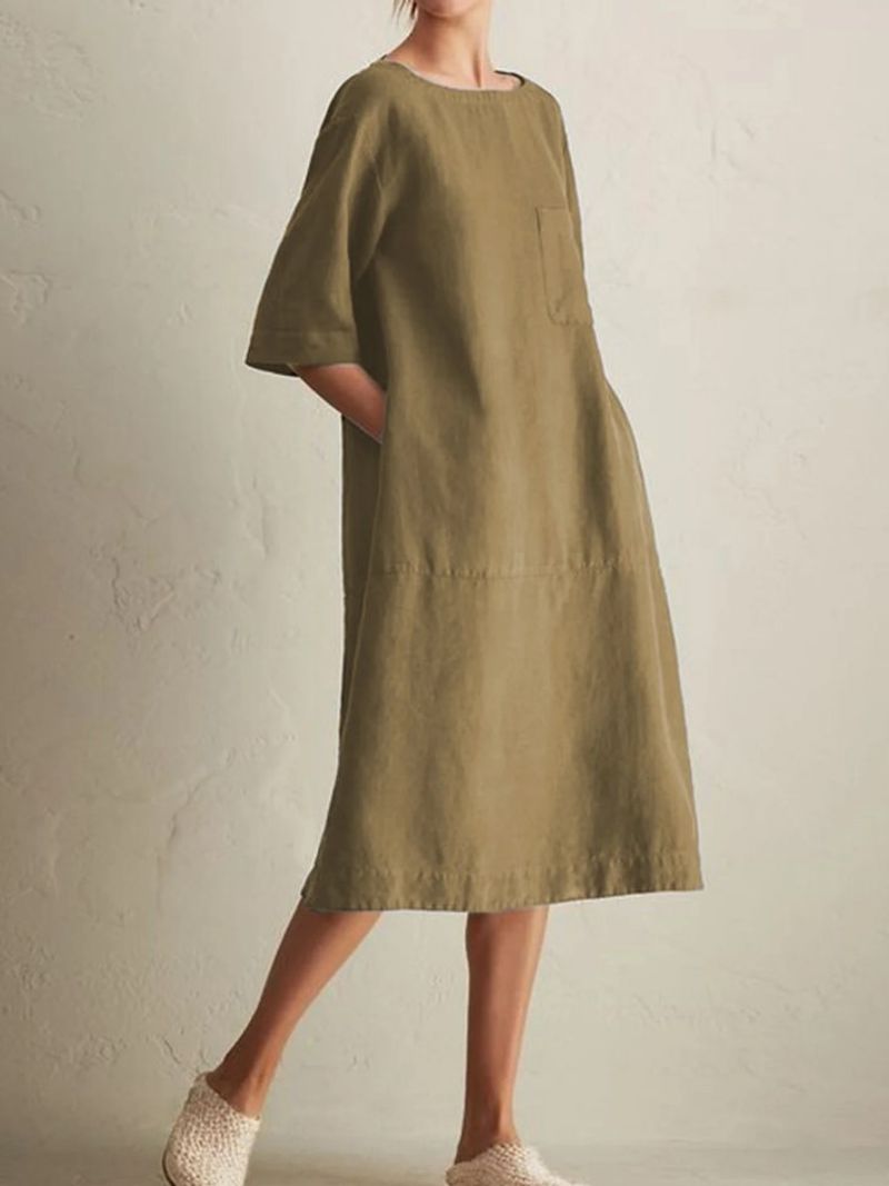 Vestido informal de mujer de algodón y lino con bolsillos, manga media y cuello redondo_voghion.com