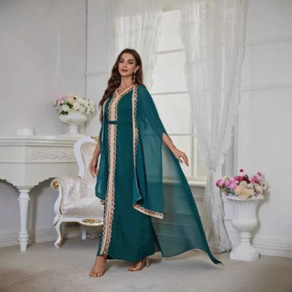 Muslim Abaya Women's Light Set Mesh Beaded Two-Piece Dress Robe_voghion.com