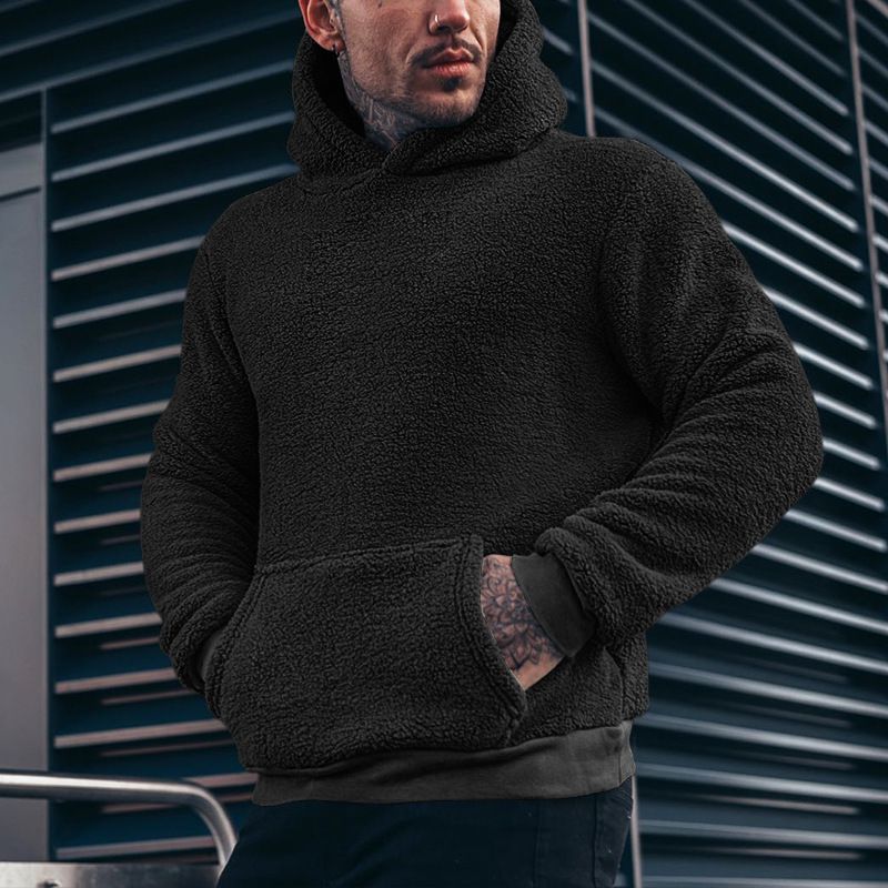 Men's Clothing Men's Jacket Plush Sweater Pocket Hooded Sweater Fashion Solid Color Tops For Men_voghion.com