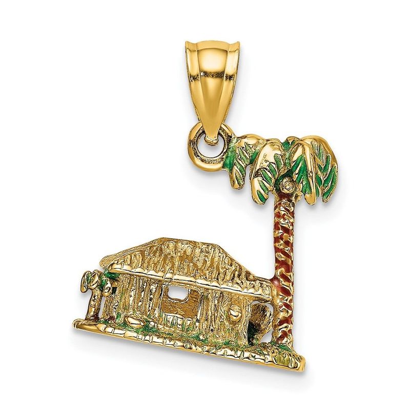 14K 3-D W/Enamel Palm Tree And Hut Charm_voghion.com