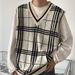 Vêtements pour hommes style automne et hiver tricot style preppy gilet à carreaux décontracté pull ample col en V gilet en laine_voghion.com