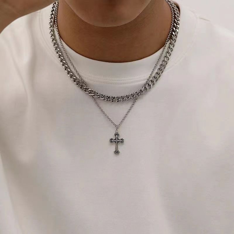 Colar minimalista de novo estilo com cruz de camada dupla, gargantilha unissex de alta qualidade com corrente de clavícula cubana versátil_voghion.com