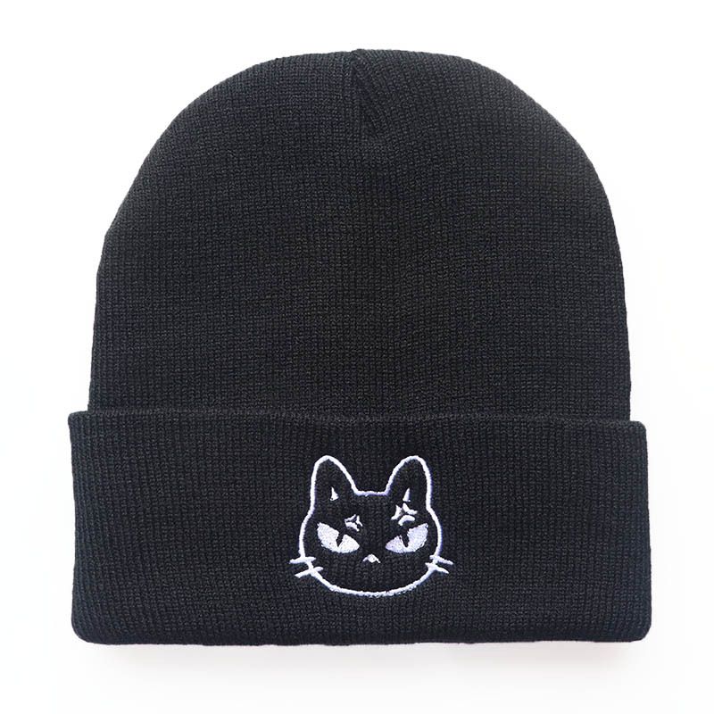 Unisex Cartoon weird cute emoticon cat embroidered knitted hat sleeve warm hat Hip hop wool hat_voghion.com