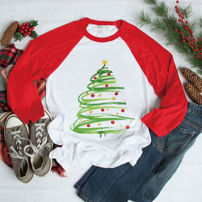 Christmas Women's clothing Christmas New Lanterns Christmas Tree Pattern Print Loose Pullover Raglan Long Sleeves_voghion.com