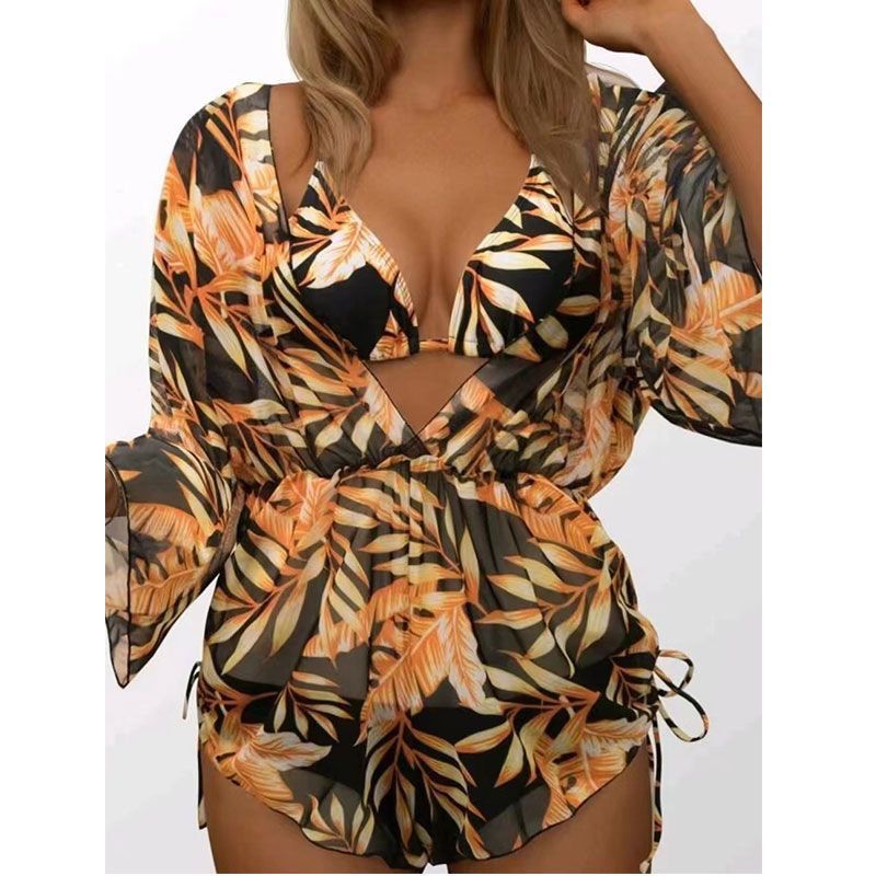 Women's Swimsuit Sun Protection New Korean Style Three-Piece Bikini Leaf Print Waist-Tied Long Sleeve Beachwear_voghion.com